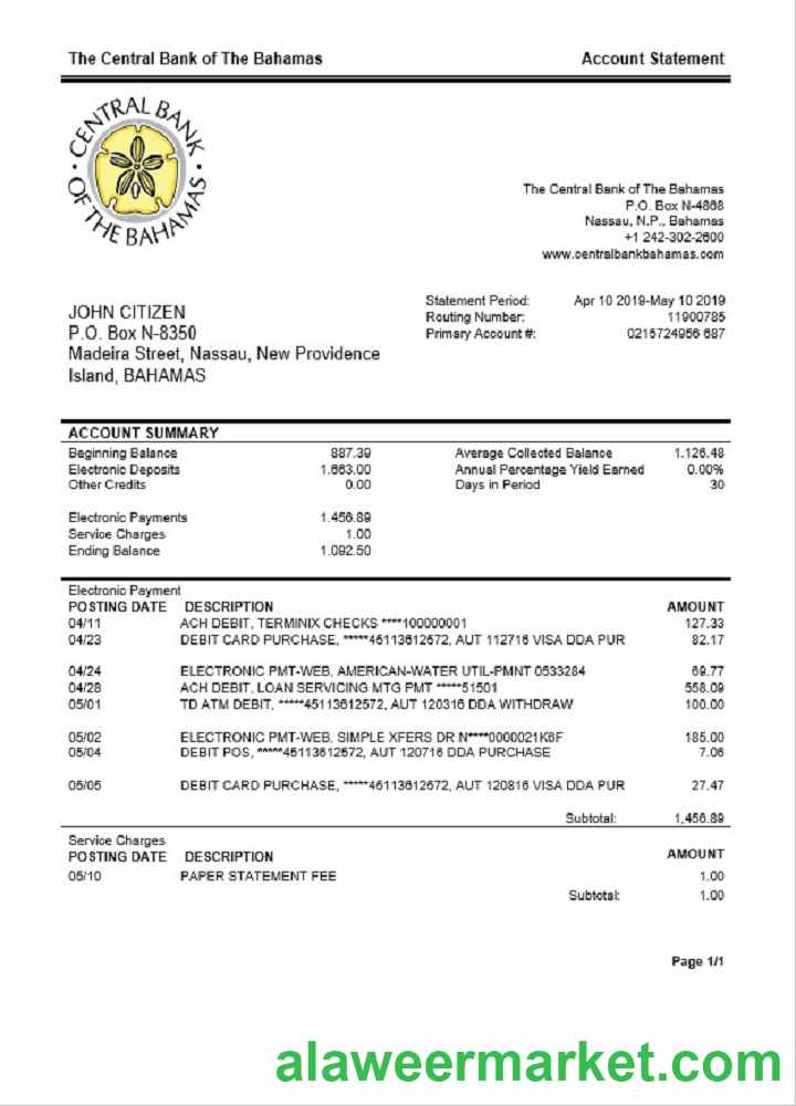 Bahamas The Central Bank of The Bahamas bank statement